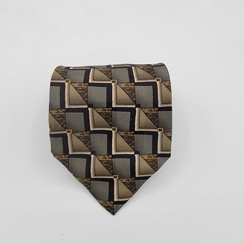 Mens Necktie Facets Geometric Silk 58.5 By 4 In Classic Grey Tan Vintage